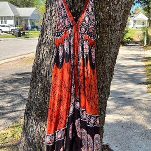 Vibrant Orange and Black Bohemian Maxi Dress free size
